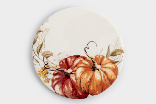 Подставка под кружку, 11 см, круглая, керамика/пробка, белая, Тыквы, Light pumpkin, 63516