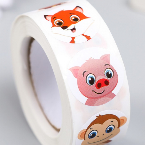Наклейка бумага «Зверята - эмоции», d=2.5 см, 500 шт. в рулоне, 3×6.5×6.5 см