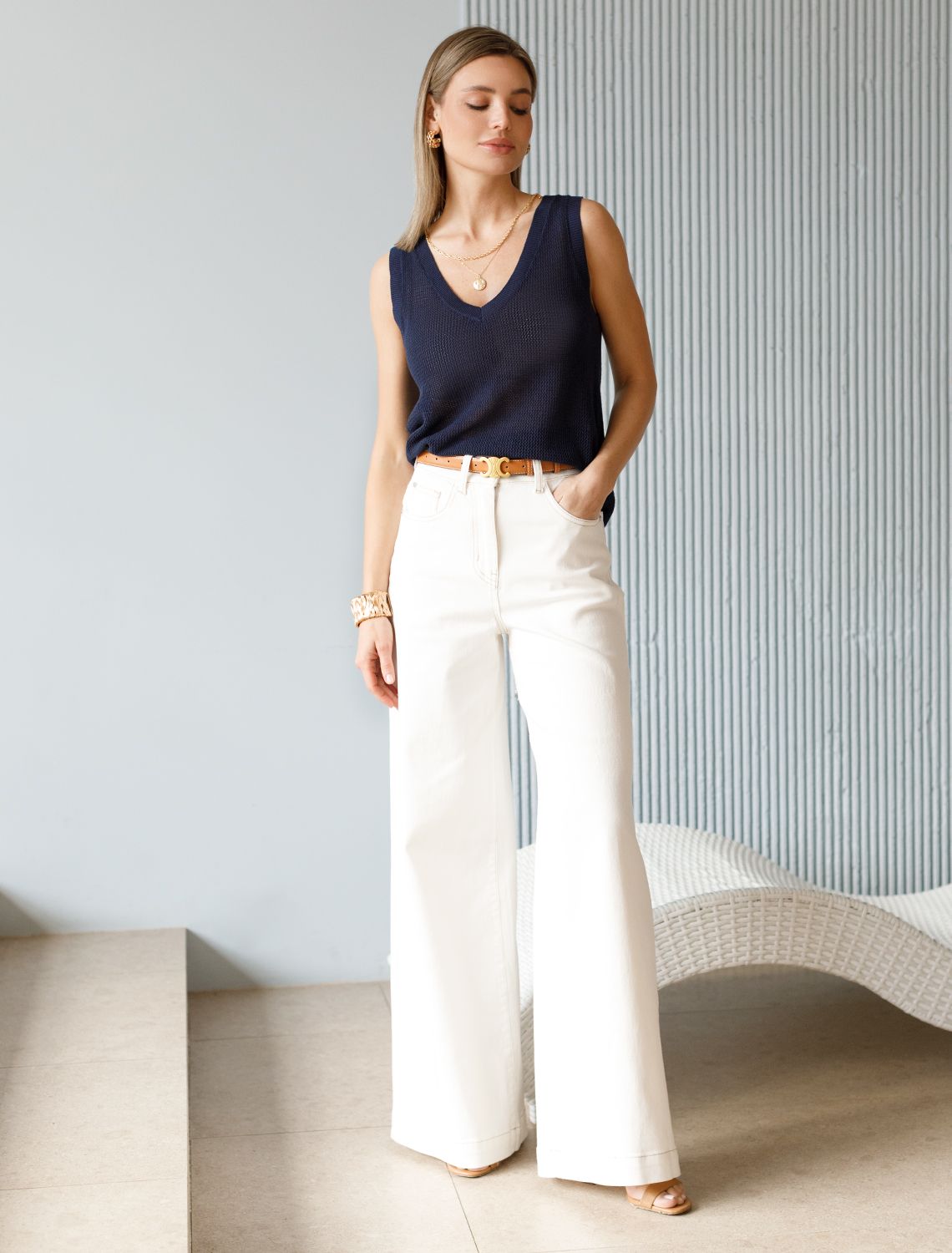 Ст.цена 1490р Летний топ полупрозрачной вязки из хлопка D33.010 темно-синий