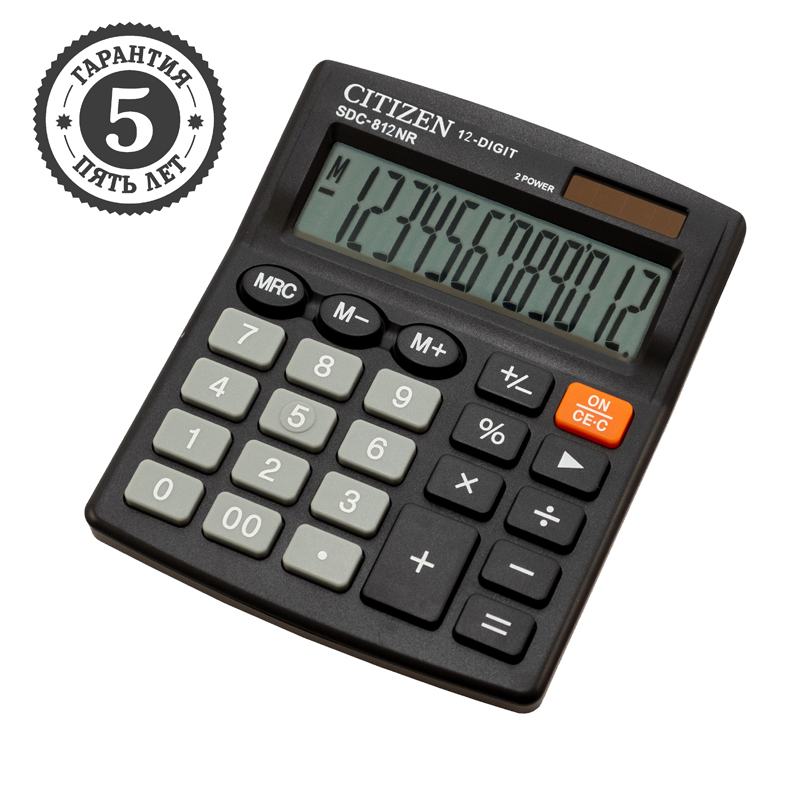 Калькулятор настольный Citizen SDC-812NR, 12 разрядов, двойное питание, 102*124*25мм, черный 294013