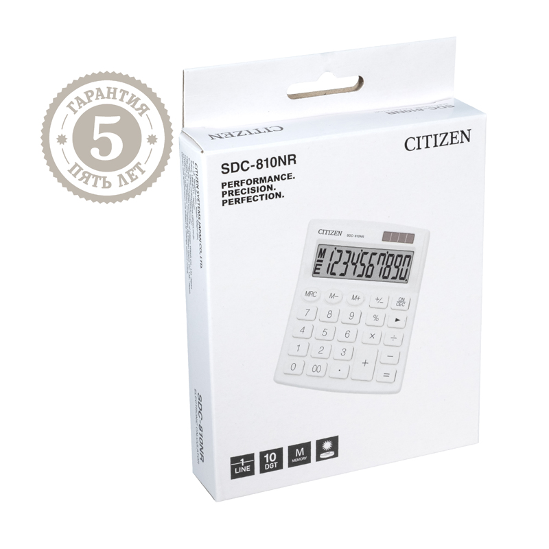 Калькулятор настольный Citizen SDC-810NR-WH, 10 разрядов, двойное питание, 102*124*25мм, белый 292289