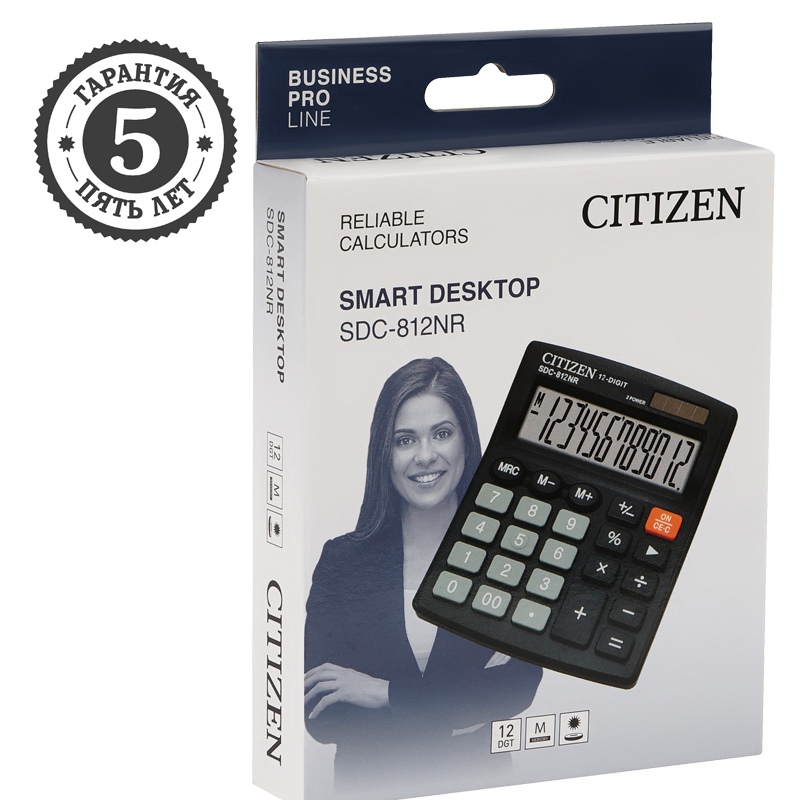 Калькулятор настольный Citizen SDC-812NR, 12 разрядов, двойное питание, 102*124*25мм, черный 294013