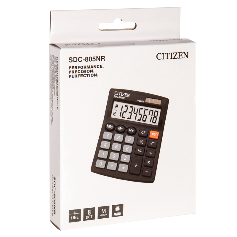 Калькулятор настольный Citizen SDC-805NR, 8 разр., двойное питание, 105*120*21мм, черный 268476