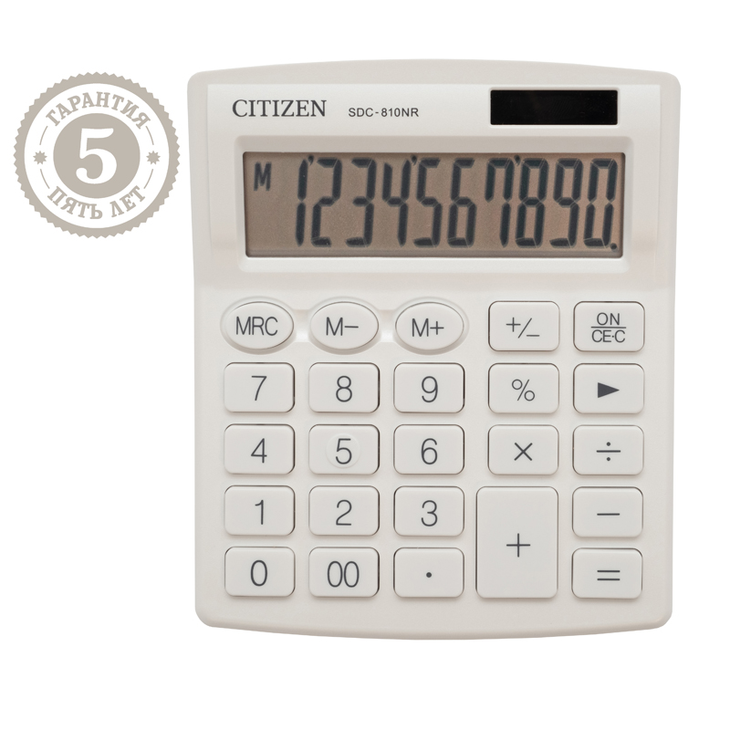 Калькулятор настольный Citizen SDC-810NR-WH, 10 разрядов, двойное питание, 102*124*25мм, белый 292289
