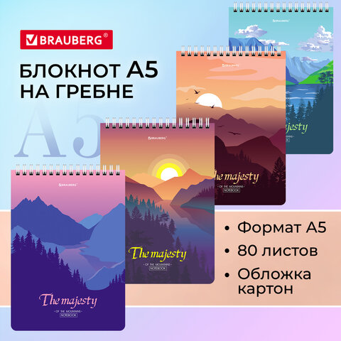 Блокнот А5 (146х206 мм), 80 л., гребень, картон, клетка, BRAUBERG,