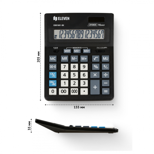 Калькулятор настольный Eleven Business Line CDB1601-BK, 16 разрядов, двойное питание, 155*205*35мм, черный 339194