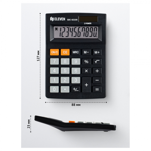 Калькулятор настольный Eleven SDC-022SR, 10 разрядов, двойное питание, 88*127*23мм, черный, 339201