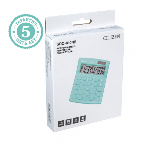 Калькулятор настольный Citizen SDC-810NR-GN, 10 разрядов, двойное питание, 102*124*25мм, бирюзовый 292291
