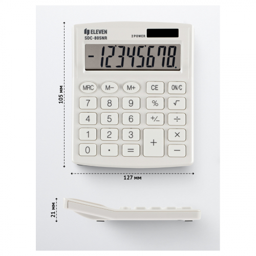 Калькулятор настольный Eleven SDC-805NR-WH, 8 разр., двойное питание, 127*105*21мм, белый 339213