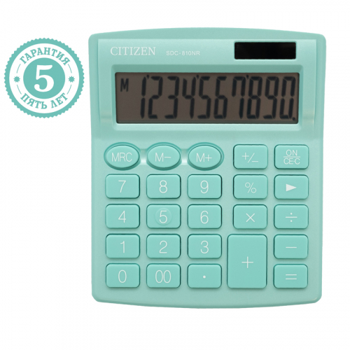 Калькулятор настольный Citizen SDC-810NR-GN, 10 разрядов, двойное питание, 102*124*25мм, бирюзовый 292291