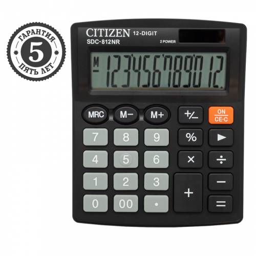 Калькулятор настольный Citizen SDC-812NR, 12 разрядов, двойное питание, 102*124*25мм, черный 294013