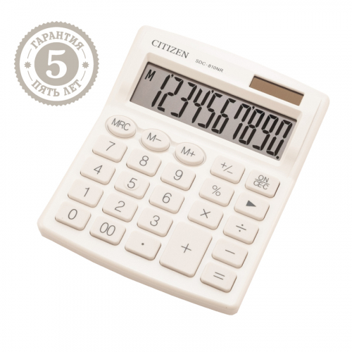 Калькулятор настольный Citizen SDC-810NR-WH, 10 разрядов, двойное питание, 102*124*25мм, белый 292289