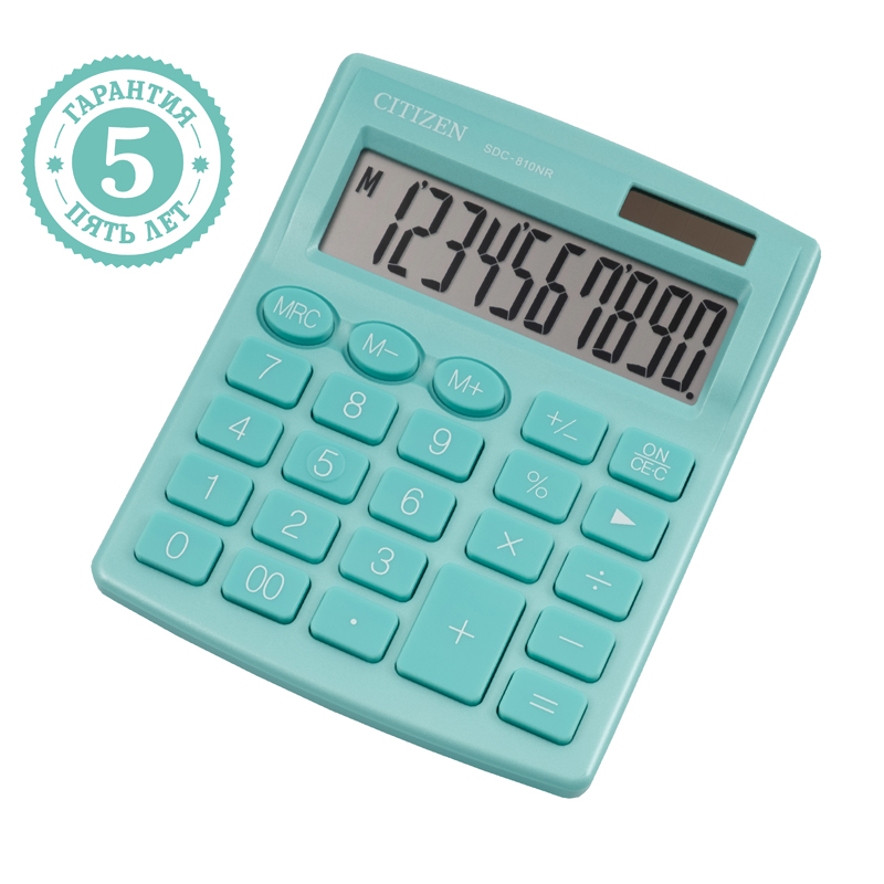 Калькулятор настольный Citizen SDC-810NR-GN, 10 разрядов, двойное питание, 102*124*25мм, бирюзовый 292291