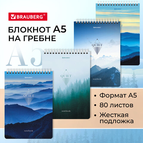 Блокнот А5 (146х206 мм), 80 л., гребень, картон, жесткая подложка, клетка, BRAUBERG,