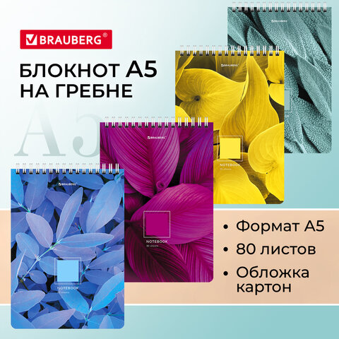 Блокнот А5 (146х206 мм), 80 л., гребень, картон, клетка, BRAUBERG,