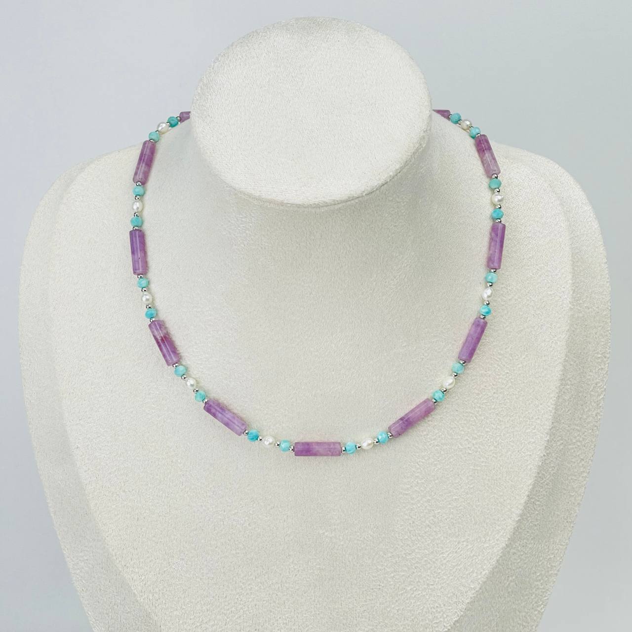 Радуга Самоцветов Колье из Лепидолита, Амазонита и Жемчуга