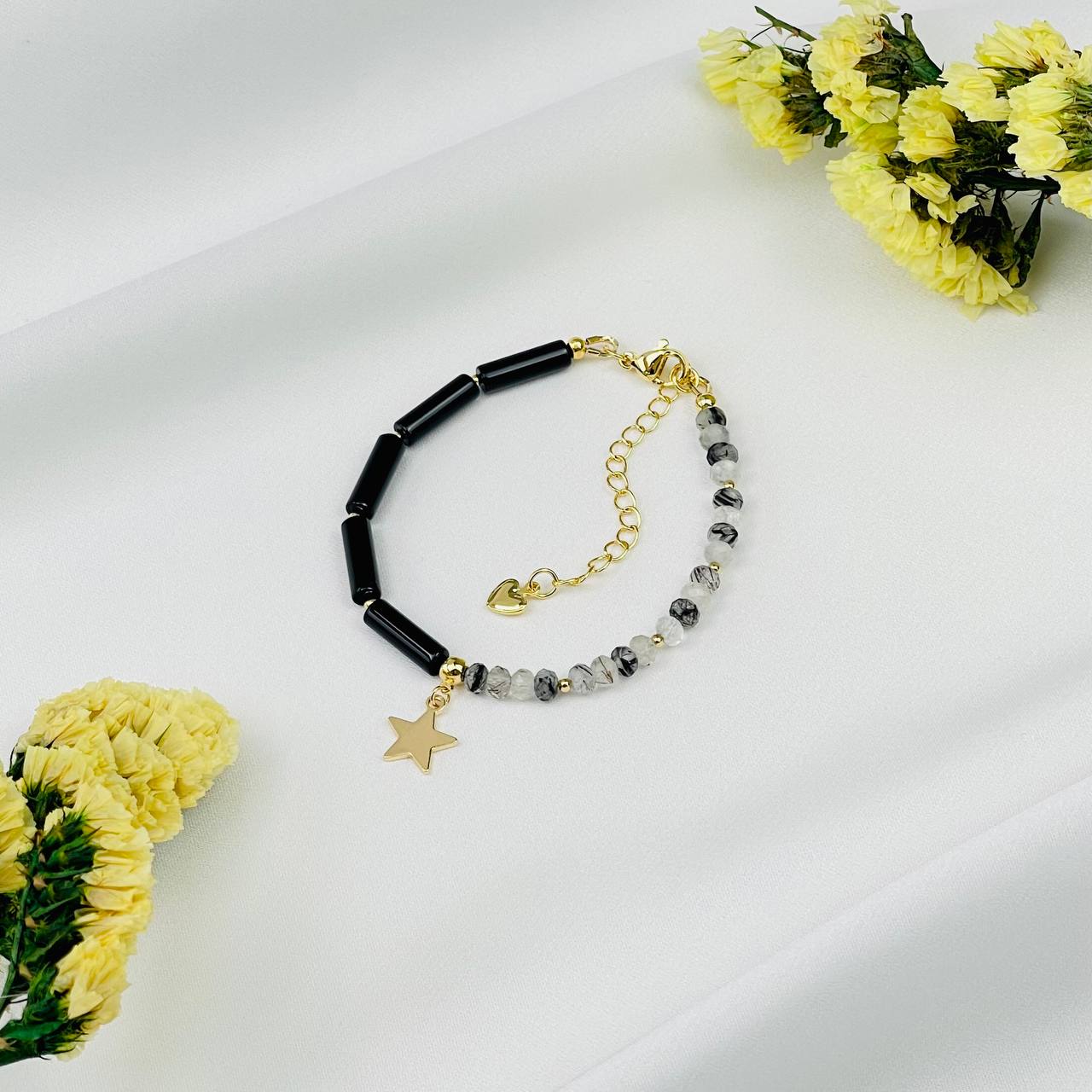 Радуга Самоцветов Браслет из черного Агата и Кварца с включением Турмалина