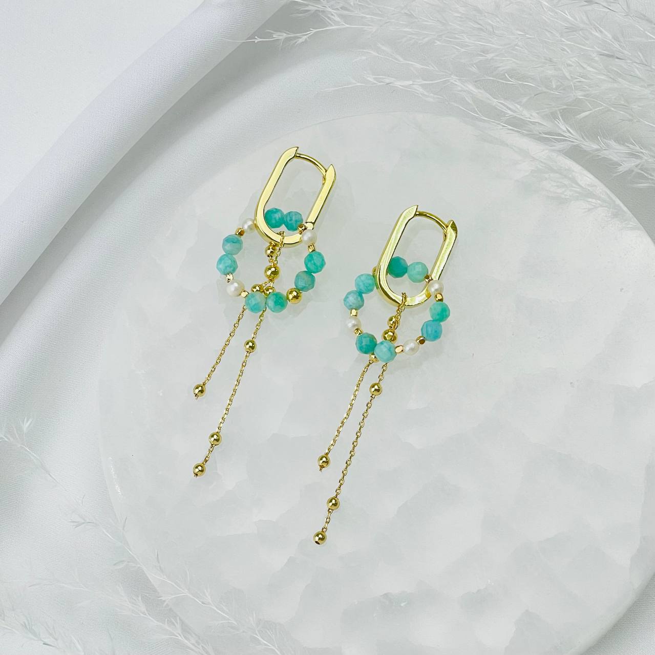 Радуга Самоцветов Серьги из Амазонита и Жемчуга