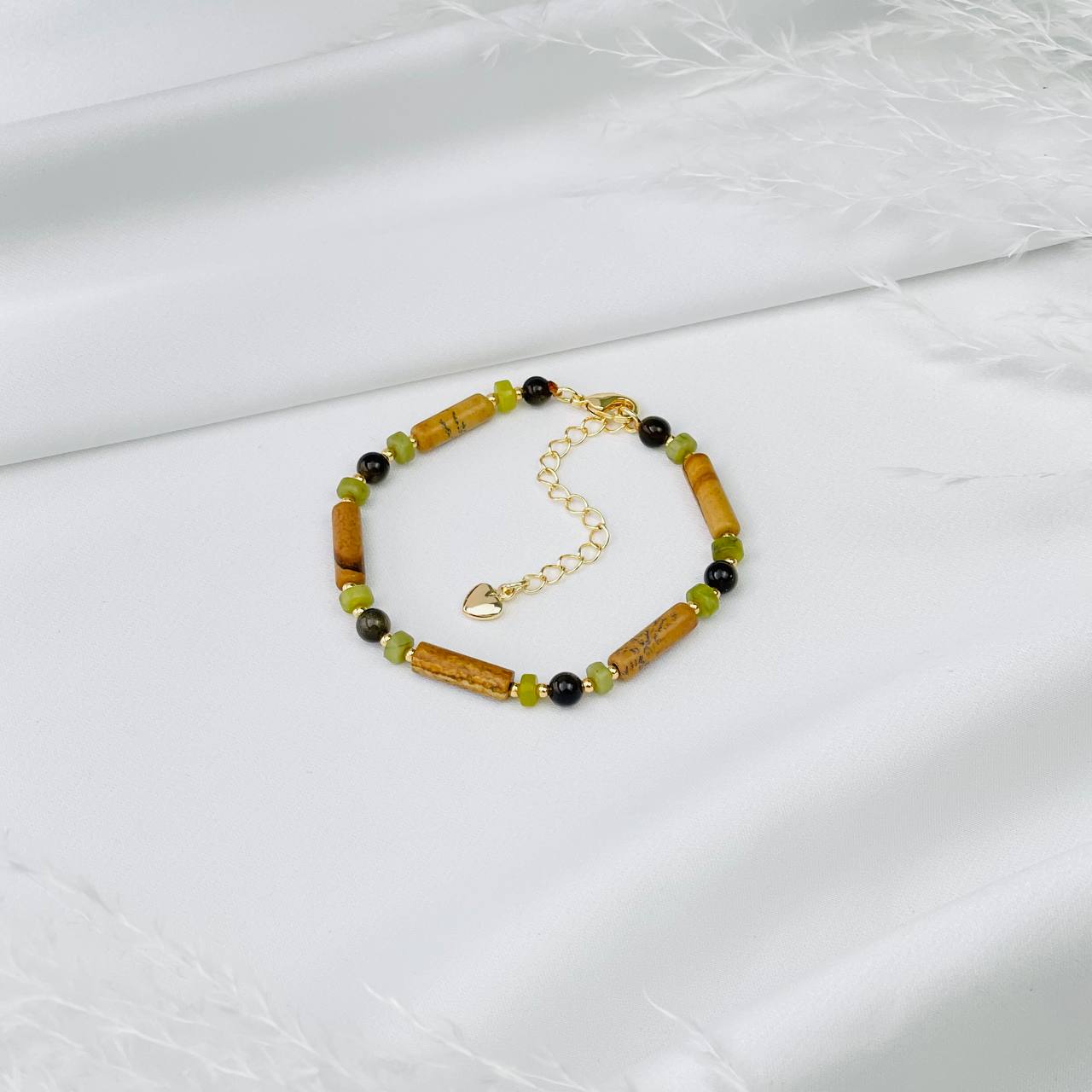 Радуга Самоцветов Браслет из песочной Яшмы, Змеевика и золотистого Обсидиана