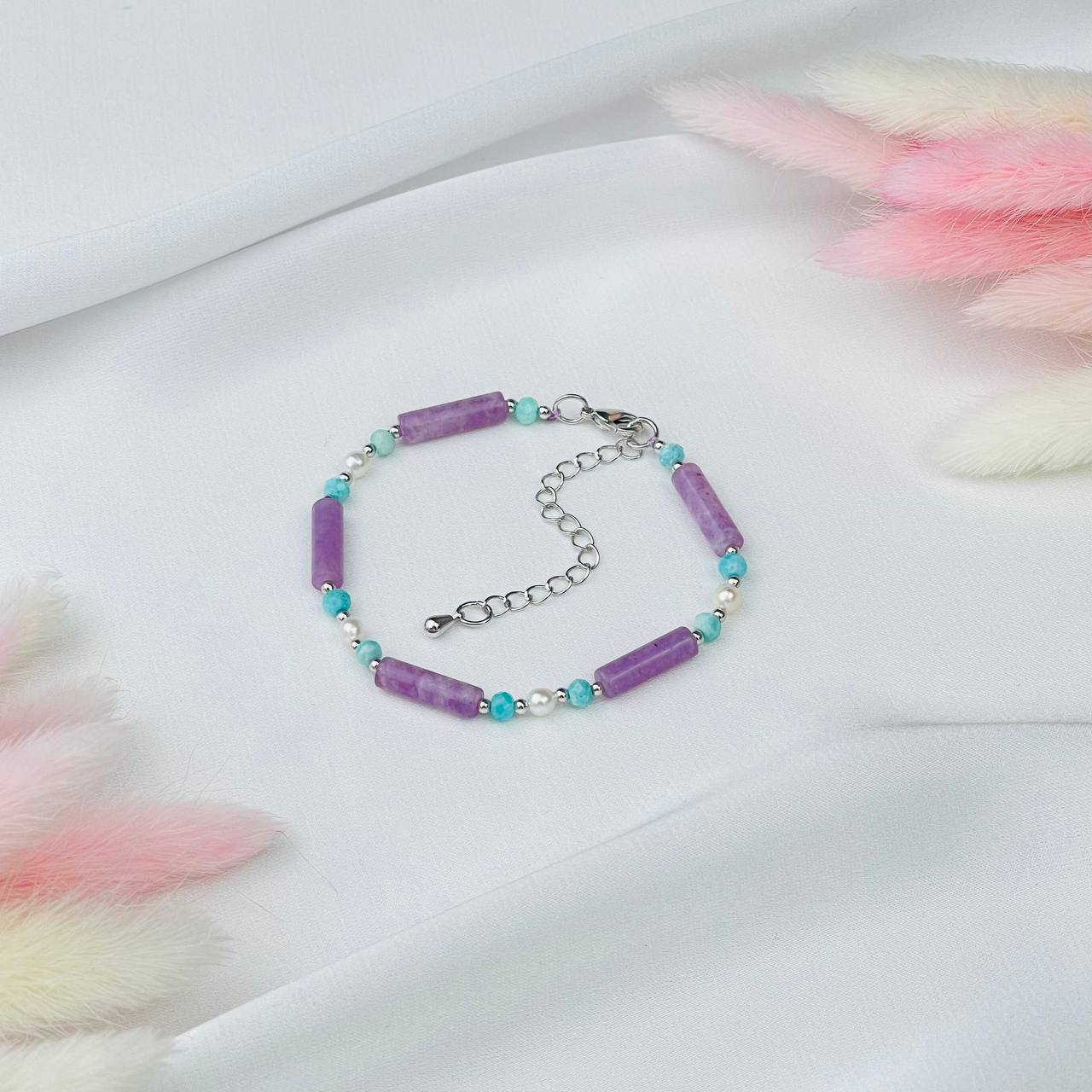 Радуга Самоцветов Браслет из Лепидолита, Амазонита и Жемчуга