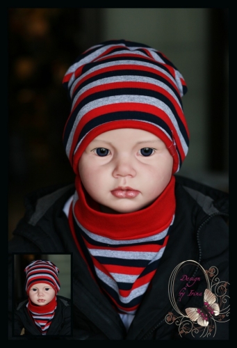 Комплект в ПОЛОСА для мальчика( шапка+снуд) красн микс
