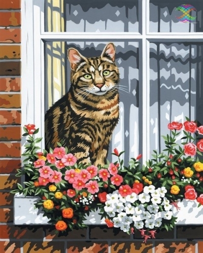 Ah0534 Кот на окне с цветами