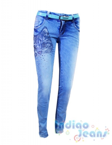 Зауженные джинсы-стрейч c ярким принтом для девочек