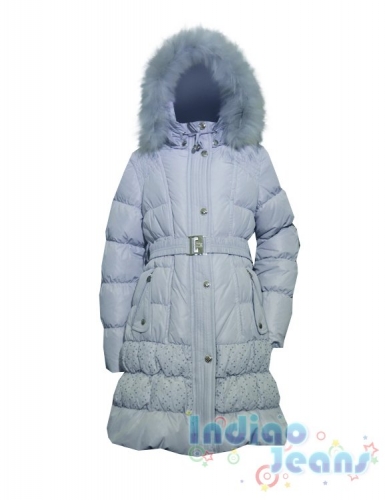 Стильное зимнее пуховое пальто с отделкой пайетками 
