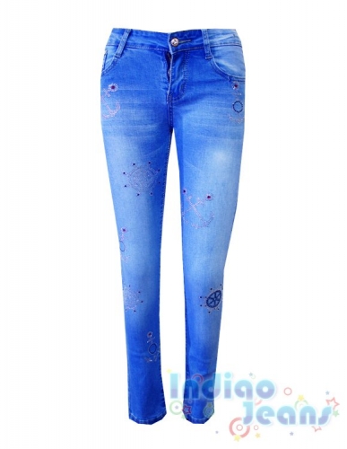 Голубые джинсы со стразами, для девочек, ремень в комплекте