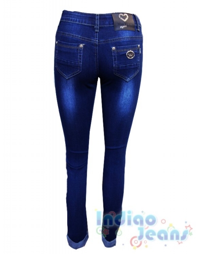 Синие джинсы-стрейч модной варки,с отворотами, для девочек
