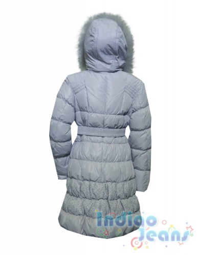 Стильное зимнее пуховое пальто с отделкой пайетками 