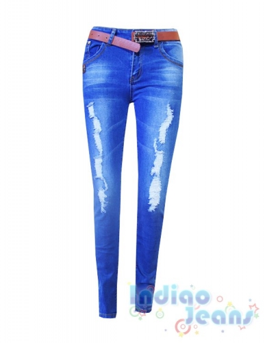 Стильные рваные джинсы для девочек, ремень в комплекте