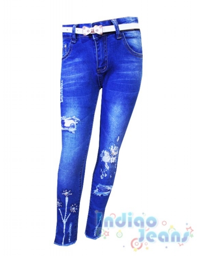  Рваные джинсы для девочек, пояс на резинке, арт. 010