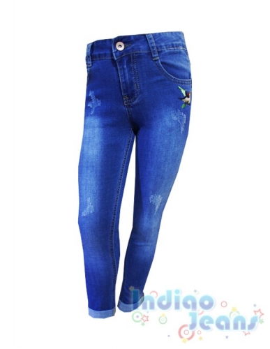 Стильные джинсы с модной вышивкой , для девочек