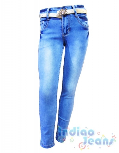 Голубые облегченные джинсы с ремнем, для девочек