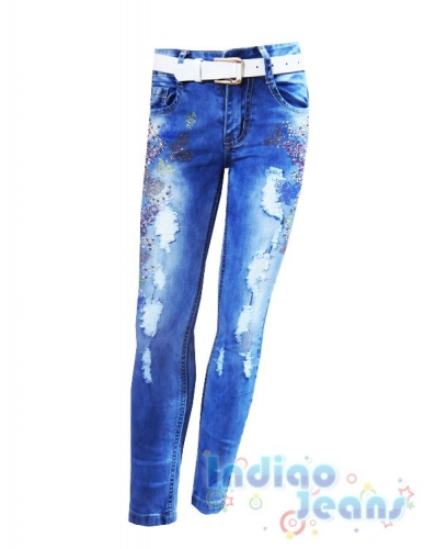  1122 р. Рваные джинсы для девочек, ремень в комплекте