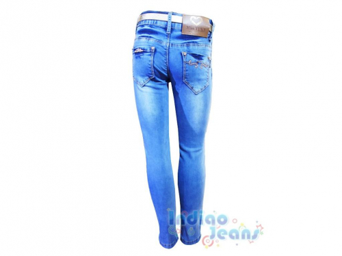Голубые облегченные джинсы с ремнем, для девочек