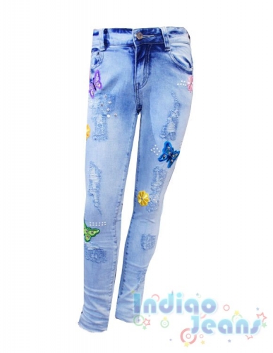 Ультрамодные рваные джинсы-стрейч с аппликацией, для девочек