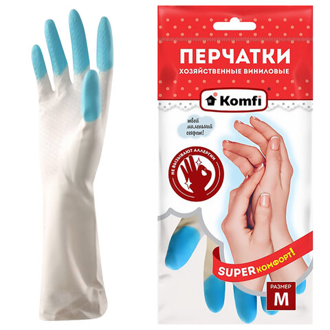 Перчатки МНОГОРАЗОВЫЕ виниловые SUPER КОМФОРТ, гипоаллергенные, размер M (средний), вес 88 г, Komfi, ADM, 25590, 609370