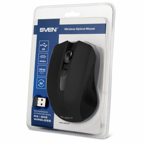 Мышь беспроводная SVEN RX-350W, 5 кнопок + 1 колесо-кнопка, оптическая, черная, SV-0195, SV-019570, 513830