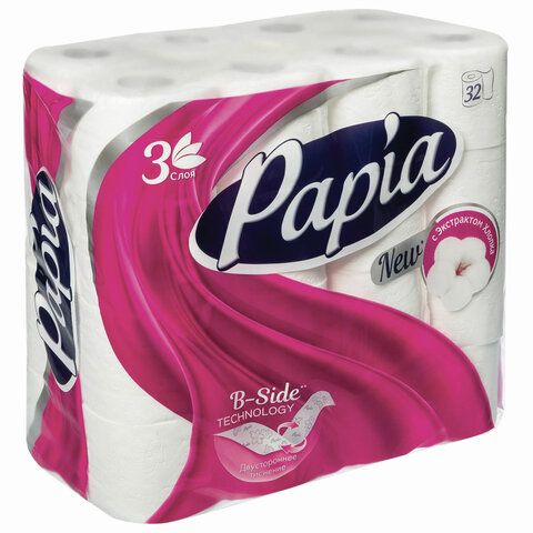 Бумага туалетная Papia Белая 3сл бел  32шт./уп. 100%цел втул 16,8м 140л  112052