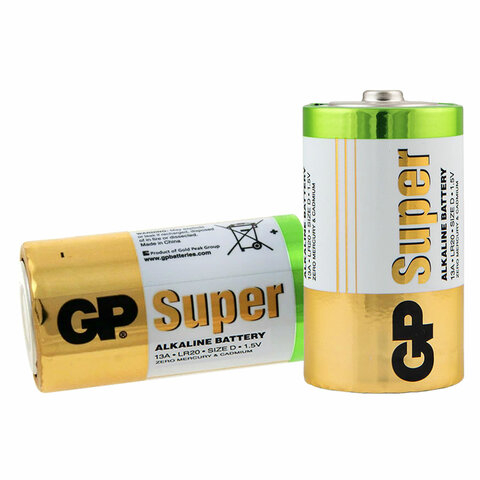 Батарейка GP (Джи-Пи) Alkaline D (LR20, 13А), КОМПЛЕКТ 2шт на блистере, 1.5В 73527/450433