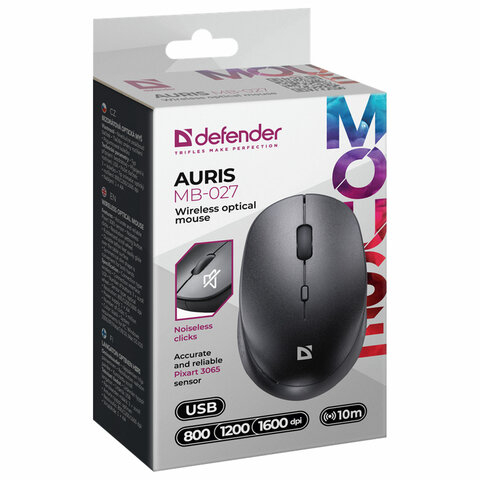 Мышь беспроводная DEFENDER Auris MB-027, USB, 3 кнопки + 1 колесо-кнопка, оптическая, черная, 52027, 513818
