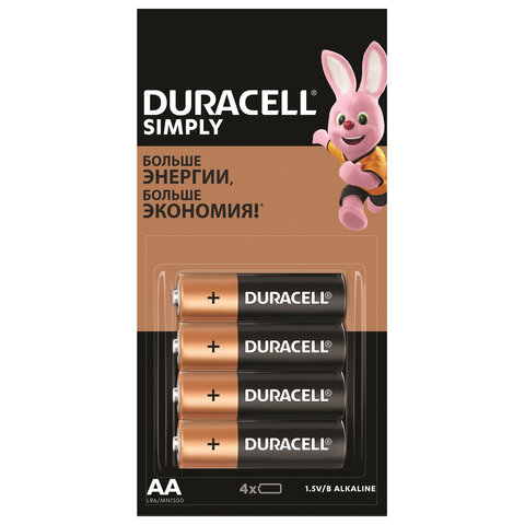 Батарейки КОМПЛЕКТ 4 шт. (отрывной блок), DURACELL Simply, AA (LR06, 15А), алкалиновые, пальчиковые, 5009139 455043