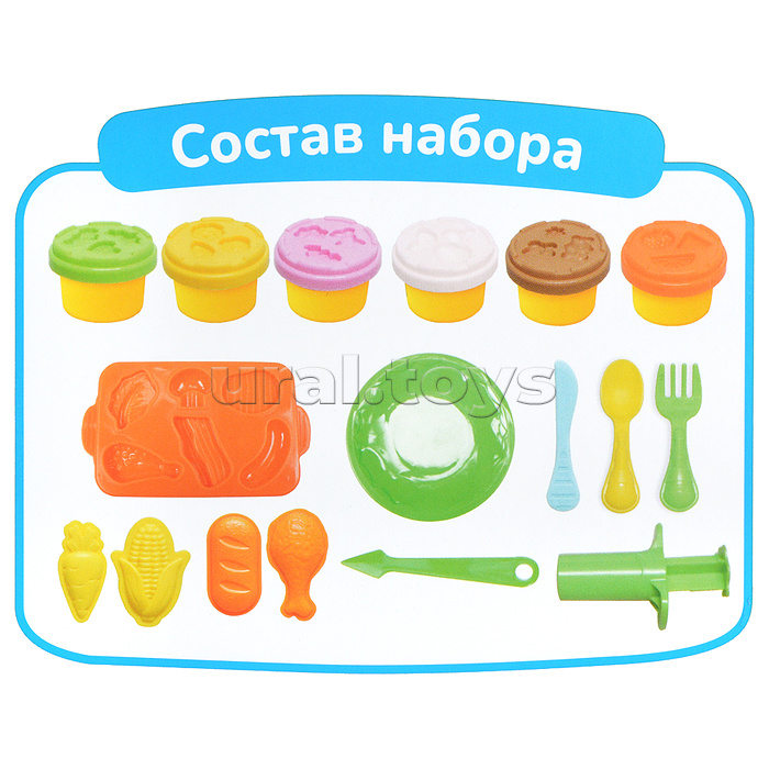 Масса для лепки набор Cafeteria set - Кафетерий, доп. пресс-формы, 11 аксессуаров, 6 баночек с тестом, (6 x 28 г.)