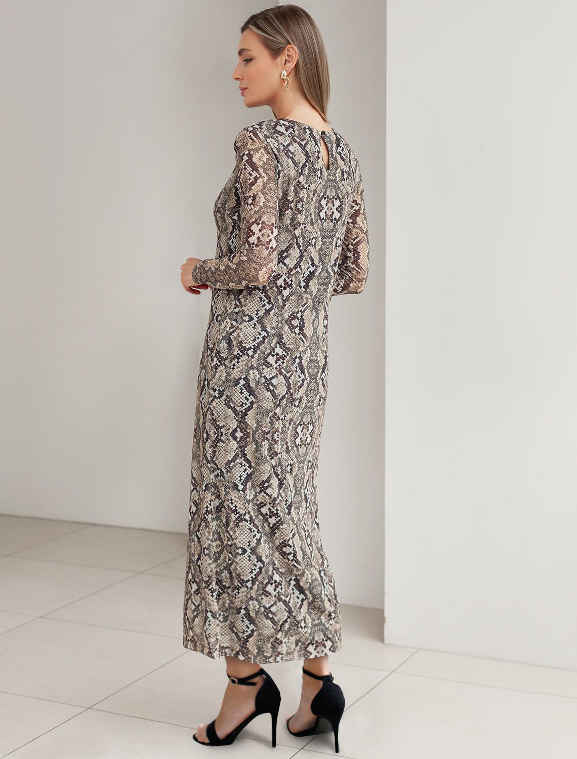 Платье из сетки с подкладкой D22.238 коричневый-бежевый змея