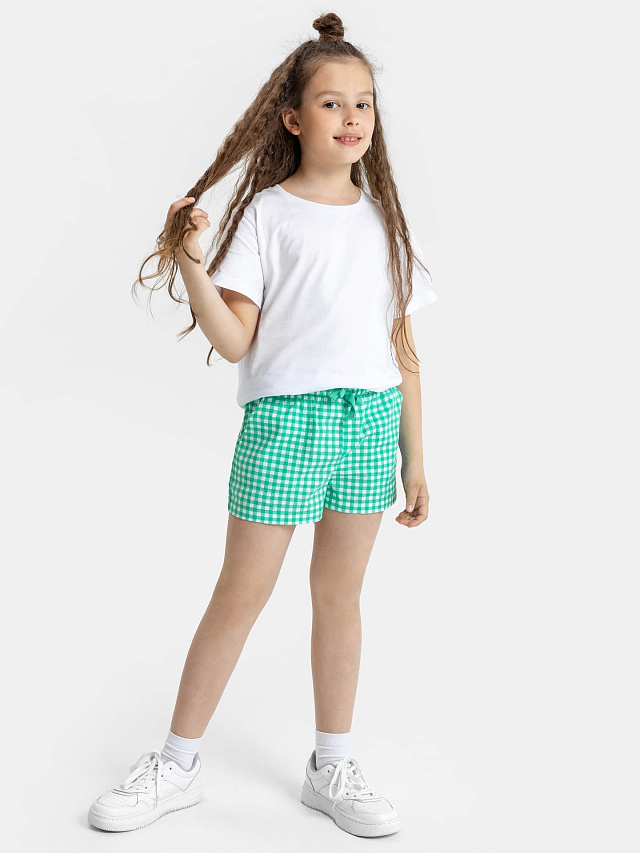 Шорты для девочек белые в ярко-зеленую мелкую клетку