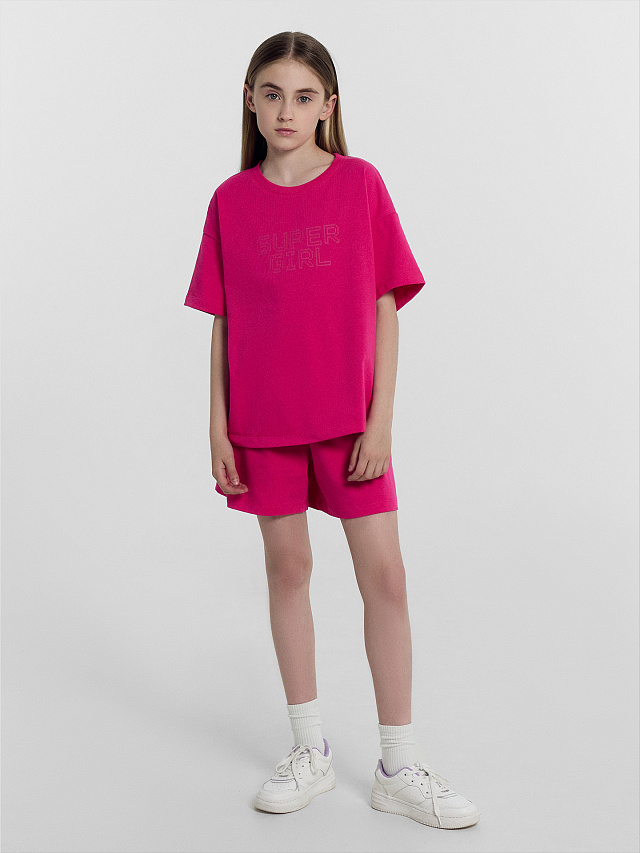 Комплект для девочек (футболка, шорты) розовый с печатью