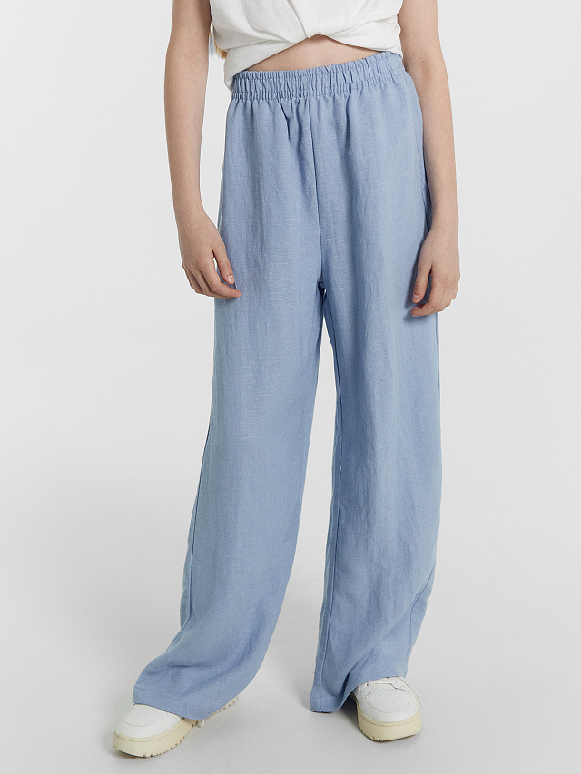 Брюки для девочек серо-голубые из вискозы и льна