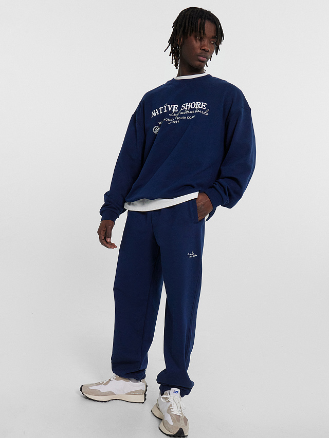 Брюки спортивные мужские синие с принтом в виде надписи